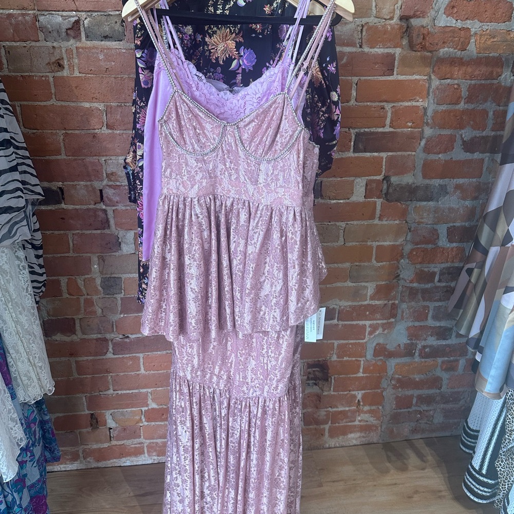 For Love & Lemons Shai Maxi Dress.  Blush Pink Lace Maxi Dress with Peplum